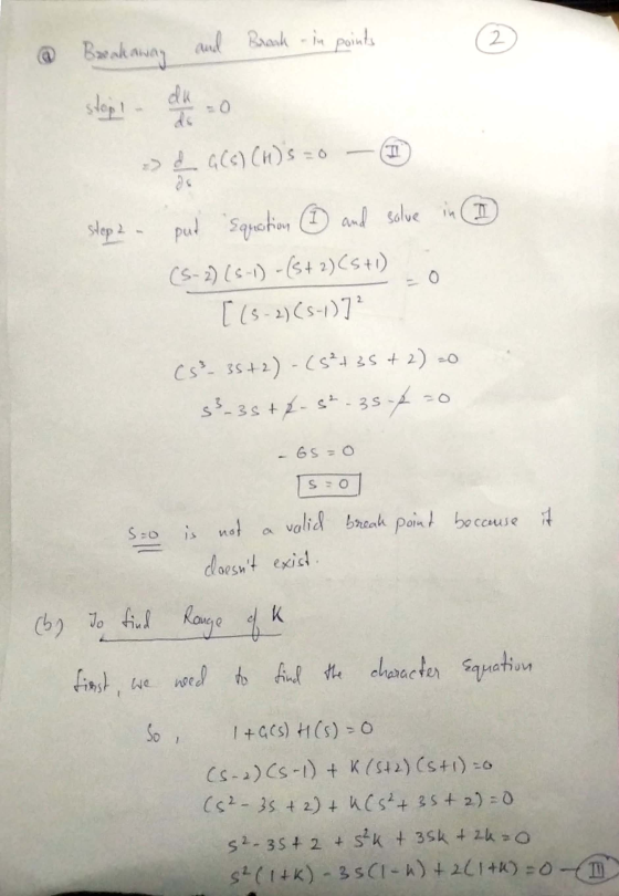 @ Breakaway and Break-in points ② -> GCE) CH)S=0 - Step 2 - put Squation 6 and solue in (S-2) (5-1) -(5+2) CS+1) [ (3-2)Cs-1)