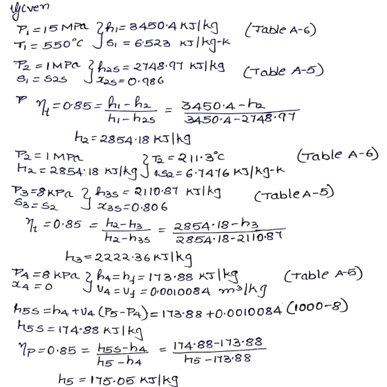 Given b Pa= IMPE P=15 MPa Z hi=8450:4 kJ/kg / Table A-6) Ti=550°C J 6. = 6:523 kJ/kg-k P2 = 1 MPa 2 has=2748.97 kJ/kg (table