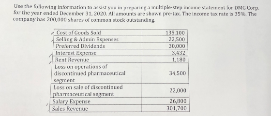Use the following information to assist you in preparing a multiple-step income statement for DMG Corp. for the year ended De