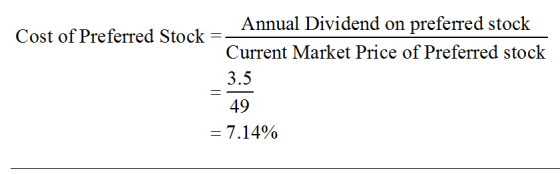 Annual Dividend on preferred stock Current Market Price of Preferred stock 3.5 ACD 7.14% Cost of Preferred Stock-