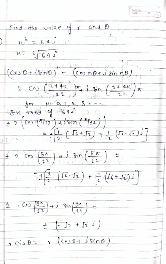 PAGE NG DATE 201 Find the value of and o teo 6.4 J 2 (cos. O+ isine) conotusin no) cas (24.4k at i sin ( (1492), Slovarsd 2 R