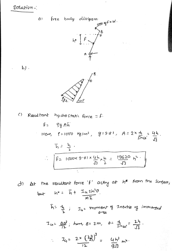 folurim-; a free body diagram . sooo by FEW . b) San. 360° 0 Resultant hydrostatic ferre = f. F. 84 нь . Here, P = icro kg/m3