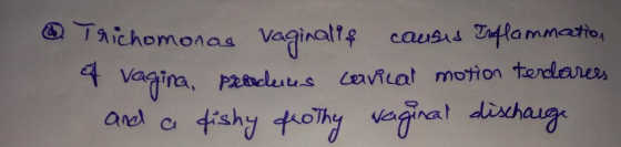 @ Trichomonas Vaginale e causis Enflammation of vagina, presadeus cervical motion tenderness and a fishy frothy vaginal disch