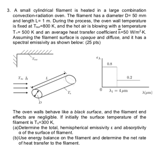 3. A small cylindrical filament is heated in a large combination convection-radiation oven. The filament has a diameter D= 50