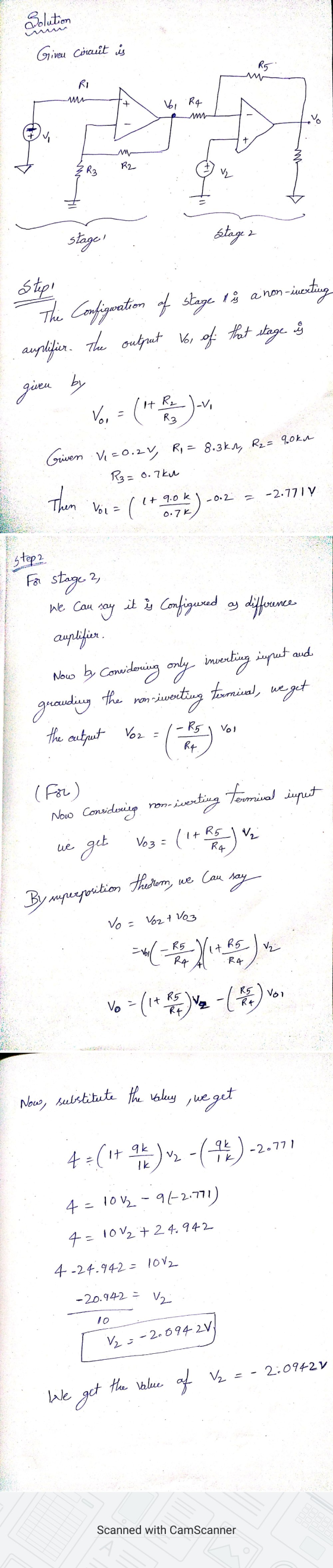 Solution R5 MW Ri W + Voi R4 ✓ + M R2 R3 2 given by It R Rz 9.0kn Then -0.2 -2.771 y Now, substitute the valley Given Ciricui