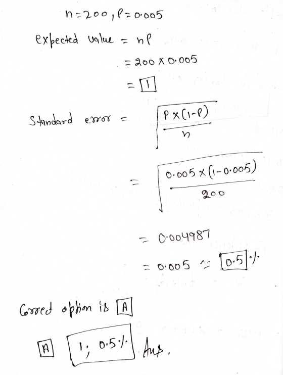 n= 200, P=0.005 expected value = hp = 200 0.005 Standard error = TPX(1-P) 0.005% (-0.005) goo = 0.004987 20.005 - 10.51) Corr