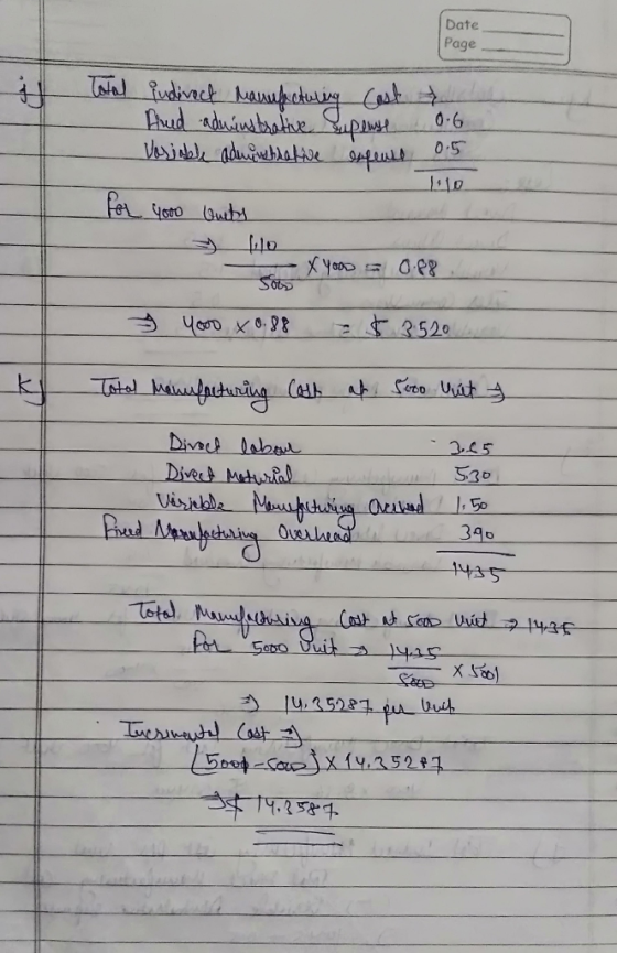 Date Page Total indivect Manufacturing Cost Pred adminstrative supeuse Variable administrative expense 0.6 of for 4000 units