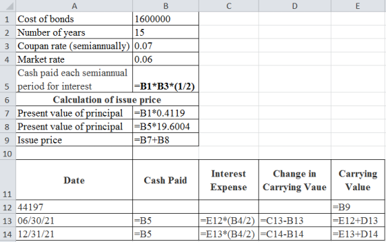 B А 1 Cost of bonds 1600000 2 Number of years 15 3 Coupan rate (semiannually) |0.07 4 Market rate 0.06 Cash paid each semiann
