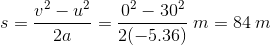 s=\frac {v^2-u^2}{2a}=\frac {0^2-30^2}{2(-5.36)}\: m = 84\: m