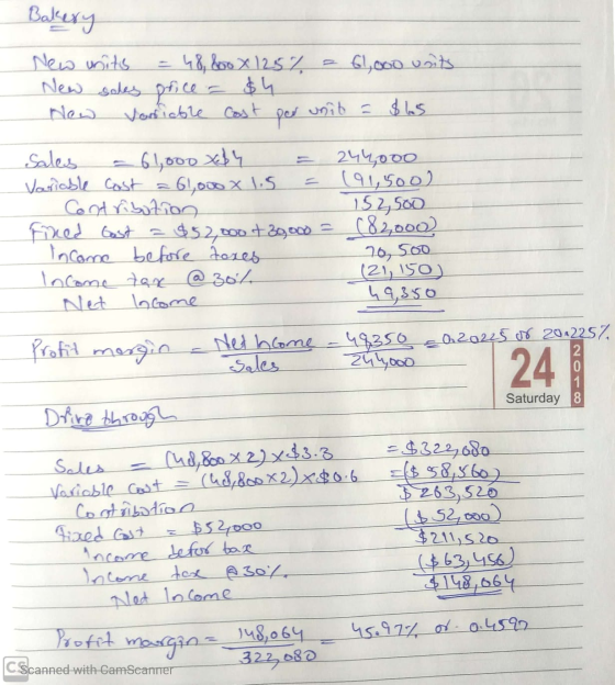 Bakery New units 48,60 x 125% 61,000 units New sales price = $4 Vodiable cost per unit = $15. sales - 61,000 Xb4 244000 Varia