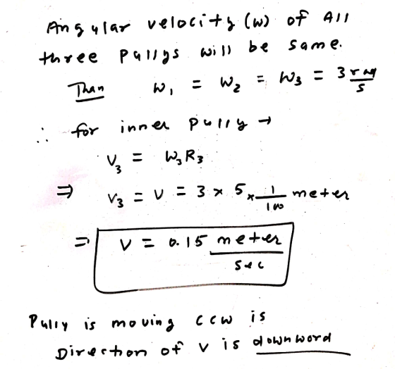 Angular velocity (w) of all three pallys will be same Than W, = W, = Ws = 3er for innen purry - iſ 11 5 va = v= 3x5x meter E