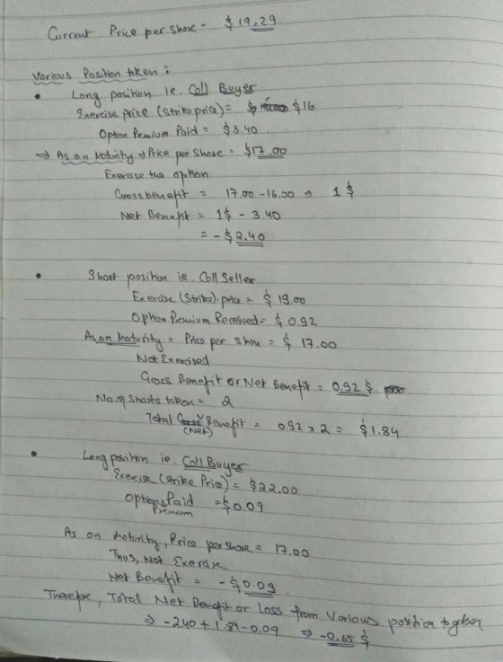 Current Price per shore $ 19,29 Various Position taken & • Long position le. Coll Buyer. Exercise price (strike price) = $100