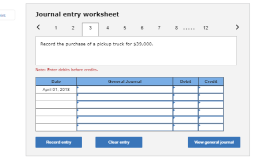 Journal entry worksheet < 1 2 3 4 5 6 7 8 ..... 12 > Record the purchase of a pickup truck for $39,000. Note: Enter debits be