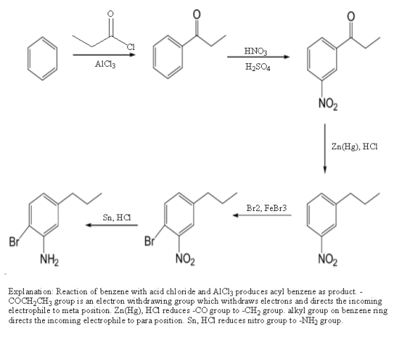 0 0 CI HNO3 H2SO4 A1Cl3 NO2 Zn(Hg), HCI Br2, FeBr3 Sn, HCl Br Br NH2 NO2 NO Explanati on: Reaction of benzene with acid chlor