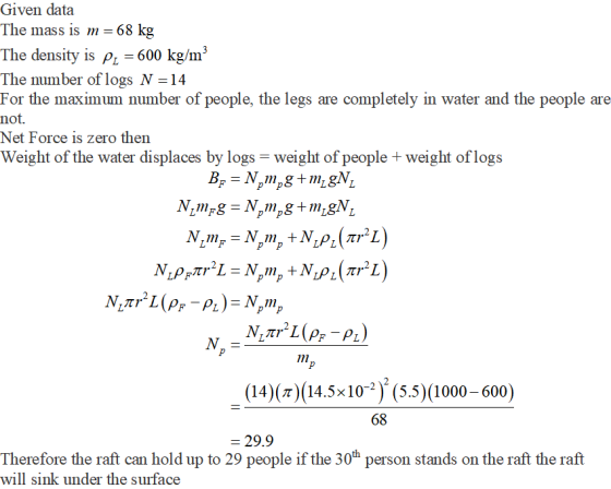 Given data The mass is 68 kg The density is 600 kg/m3 The number of logs N = 14 For the maximum number of people, the legs ar