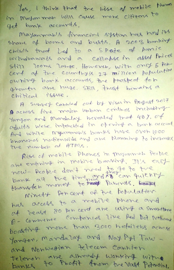 1 Yes, I think that the birse of mobile phone in Mafan man will cause more citizens to Get bank accounts. Mayanmabls financia