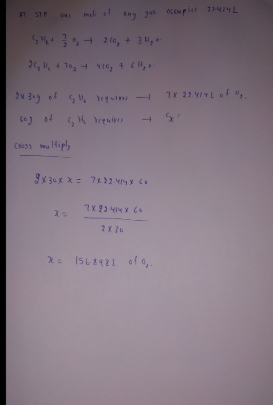 occupies 21414L AT STP on mele 0f ang ges 7x 22.YIL f o, Yeqr 3.9 of CoJ mu 1Hiply CYOSS hru Jy30K X=7x 22.414 x Co 2X30 (568
