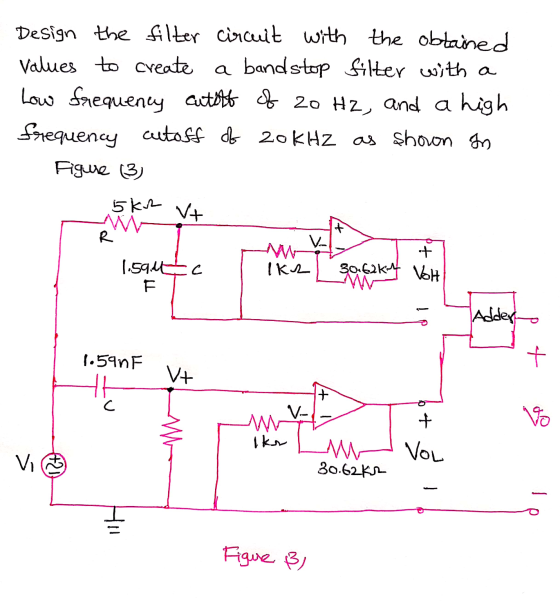 Design the filter circuit with the obtained Values to create a bandstop filter with a Low frequency cutott of 20 Hz, and a hi