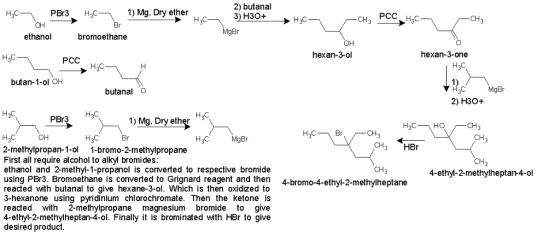 2) butanal 3) H30+ 1) Mg, Dry ether CH3 PCC он ethanol gBr bromoethane он hexan-3-ol hexan-3-one PCC butan-1-ol OH butanal O