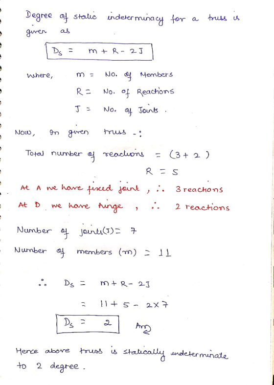 truss.is Degree of static indeterminacy for a giren as 1Ds = m+ R-25 1 Where, m: No. 4 Members RI No. of Reactions J: No. of
