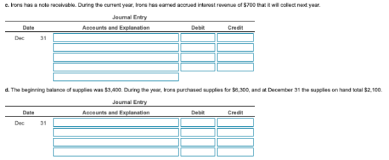c. Irons has a note receivable. During the current year, Irons has earned accrued interest revenue of $700 that it will colle