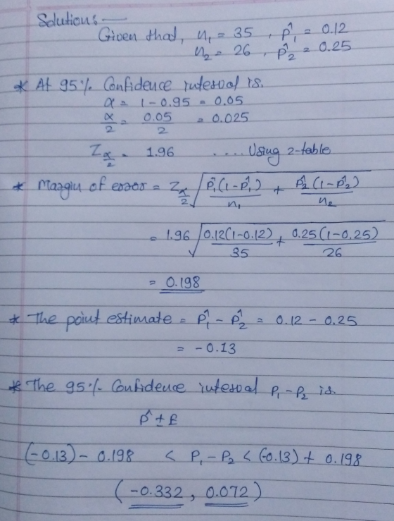 7 = 0.12 0.25. Solutions Given that, u = 35 p - 26 p22 * At 95% confidence tutesvol is. a. (- 0.95 0.05 0.05 0.025 La 1.96 Us
