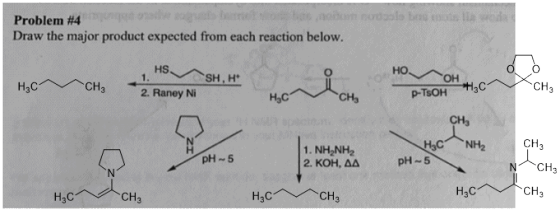 Problem #4 mnoglobe Draw the major product expected from each reaction below. HSSH, H HO ob H. C C H3 2. Raney Ni HCCHE Hc P-