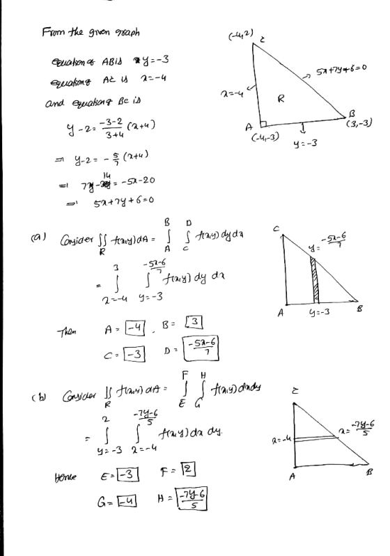 From the given graph - 5147y+6=0 2=-49 R ADT (3,-3) equation of ABID Y=-3 зајте А и аг-4 and equationg Be is 9-23 -3 (2+4) -