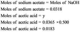 Moles of sodium acetate = Moles of NaOH
Moles of sodium acetate = 0.0318
Moles of acetic acid = y
Moles of acetic acid = 0.03