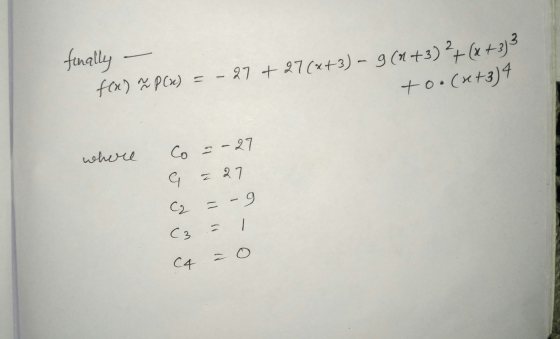 finally f(x) a P(x) = 27 +27(x+3) – 9 (1+3)2+(x+3)3 too (x+3)4 where Co = -27 G Z 27 C2 = -9 a C3 = СА