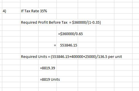 If Tax Rate 35% Required Profit Before Tax = $360000/(1-0.35) =$360000/0.65 553846.15 Required Units = (553846.15+400000+2500