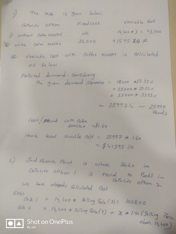 below The talle is ven Variable ost Fided Cost CaPacity OPHon 14,4o03=43 200 NIL Cofee Yoastex without 35,000 Coter Yoast wit