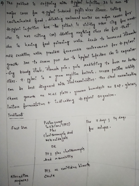 A patient is suffering with th.pylori infection. It is one of for H. pylori induced peptic uleer direase. Eating for work. fe