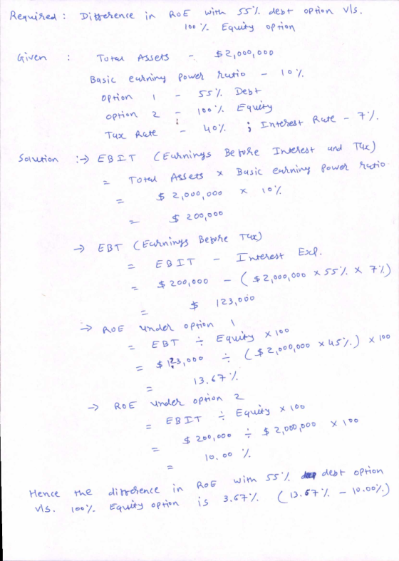 option vls. 1 Required: Given : Difference in ROE with 55% debt - 100% Equity option Total Assets - $2,000,000 Basic earning