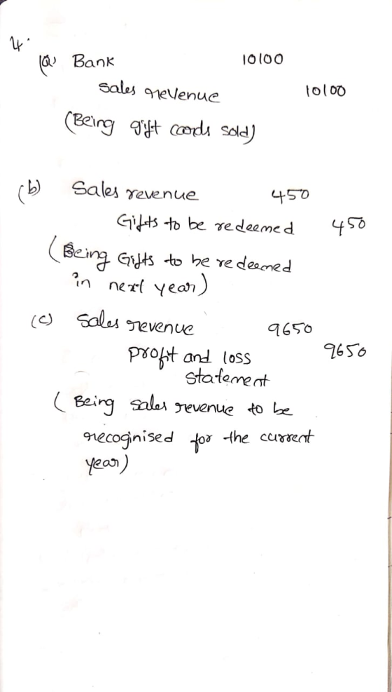 (Q Bank 10100 sales revenue (Being gift cards sold) 10100 (b) Sales revenue 450 1 Gifts to be redeemed 450 Being Gifts to be
