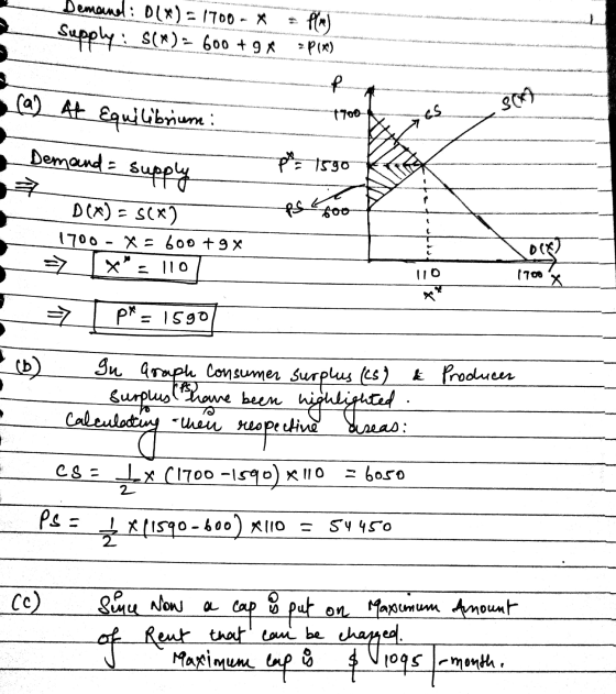Demand: 0(x) = 1700-X P(A) Supply: $(*) = 600 + 9x =PIR) P (a) At Equilibrium 700 son es Demand supply pe 7590 The ps soo D(x