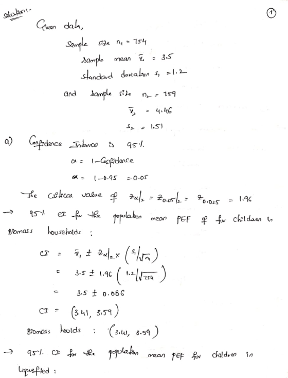 Cimen data, sample size ni = 154 sample mean t = 35 standard deviation s, 11.2 and sample side ng = 159 Į - 4.46 sy - 1.51 a)