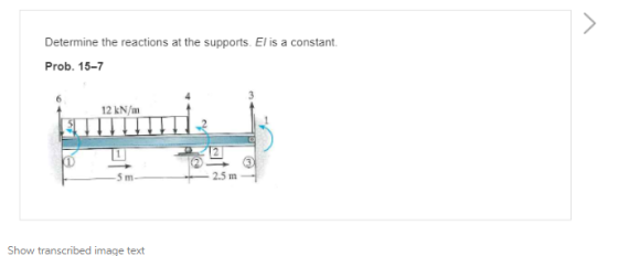 Determine the reactions at the supports. El is a constant. Prob. 15-7 6 12 kN/m 5 m 2.5 m Show transcribed image text
