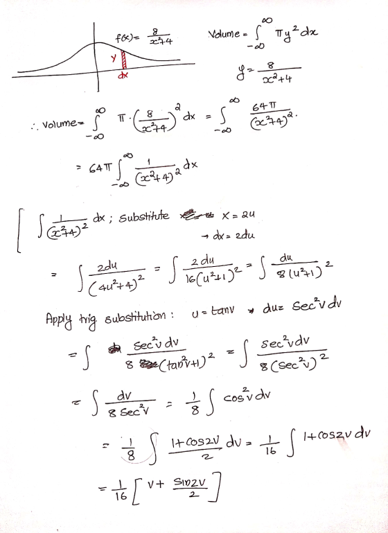 8 f(x)= x74 Volume = f Ty²dx 8 dx ga 0c2+4 o 64 TT &n TT dx =S :. Volumez S Coretta (63478. = 64TS dx 2 (22+4) Setoja dr ; Su