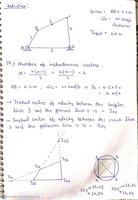 solution! Given = AB=0.2m W2 = с 20 Hads clockwise В. 4 Tinput 5 N-m AR 1 TTTT (a) Number of instantaneous centers, 44-1) = 6