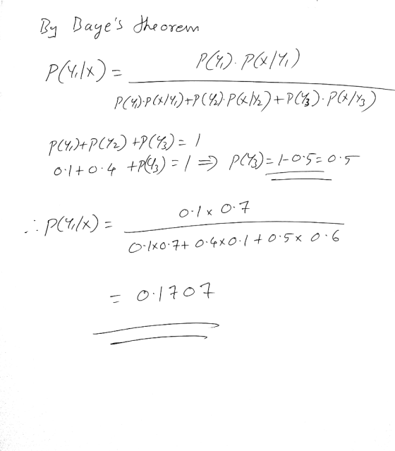 By Bayes theorem P(yilx)= P(Y). P(x14,) P(%).P(x/4.)+P(42). PG_182)+PC93). P(8/) p(4.)+P(72) +P(43)= 1 0.170.4 +P(43) - / -