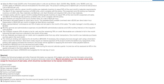 a. Sales for March total 23,000 units. Forecasted sales in units are as follows: April, 23,000; May, 19,000; June, 18,800; an