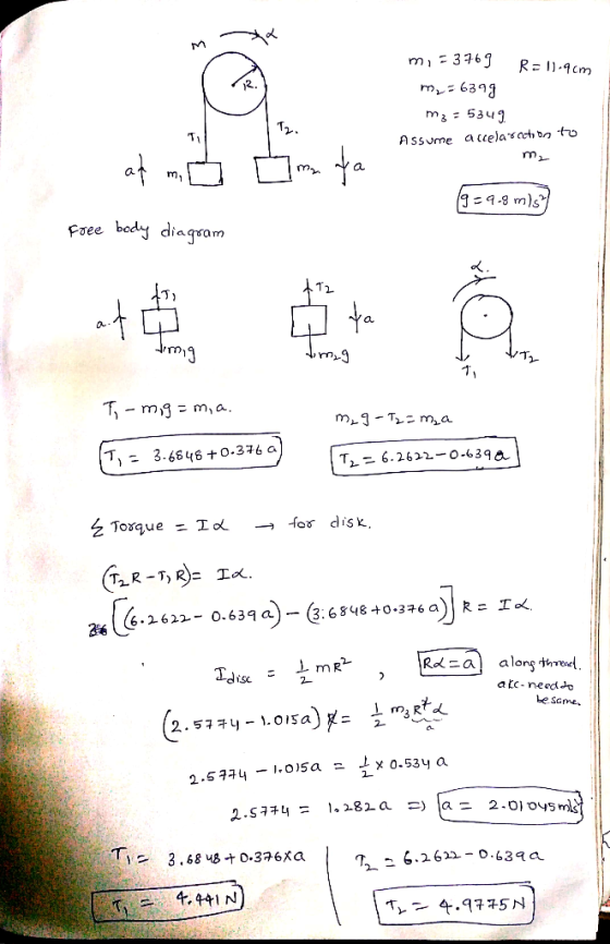 m 376j m63 m2 5343 R# 11.qcm Assume accela. こわ叨to rm Free bodg diagram rni9 丁)= 3.6846+0.3% a Т 6.2622-O-639a Toxque 10L for