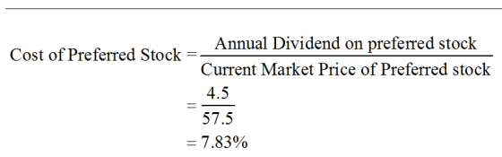 Annual Dividend on preferred stock Current Market Price of Preferred stock 4.5 57.5 7.8390 Cost of Preferred Stock-