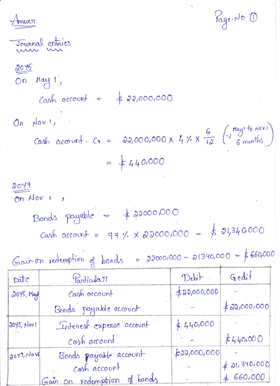 Page No 0 Answer Journal entries u nu 2045 On May 1; cash account - $22,000,000 1. On dovi, Cash account. C = 22,000,000 X 4%