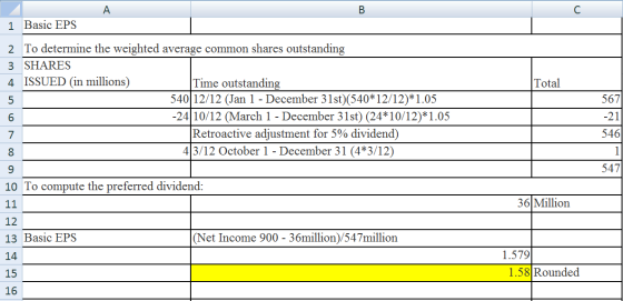 A В 1 Basic EPS 2 To determine the weighted average common shares outstanding 3 SHARES Time outstanding 540 12/12 (Jan 1 - De