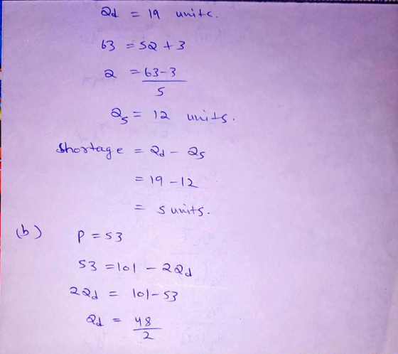 ad = 19 unite. 63 a -52 +3 = 63-3 2= 12 units. shortage = Qd as = 19-12 - sunits. p=53 53 =101 - 220 220 = 101-53 Qd = 48