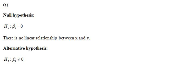 Null hypothesis: H:B=0 There is no linear relationship between x and y. Alternative hypothesis: HAB=0