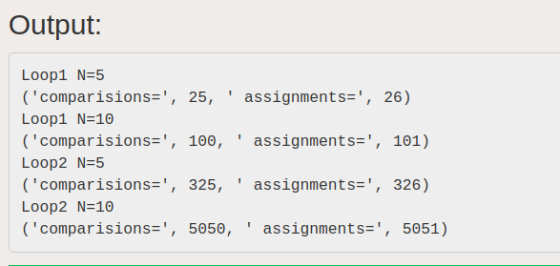 Output: Loop1 N=5 (comparisions=, 25, assignments=, 26) Loop1 N 10 assignments , 101) (comparisions=, 100, Loop2 N=5 (