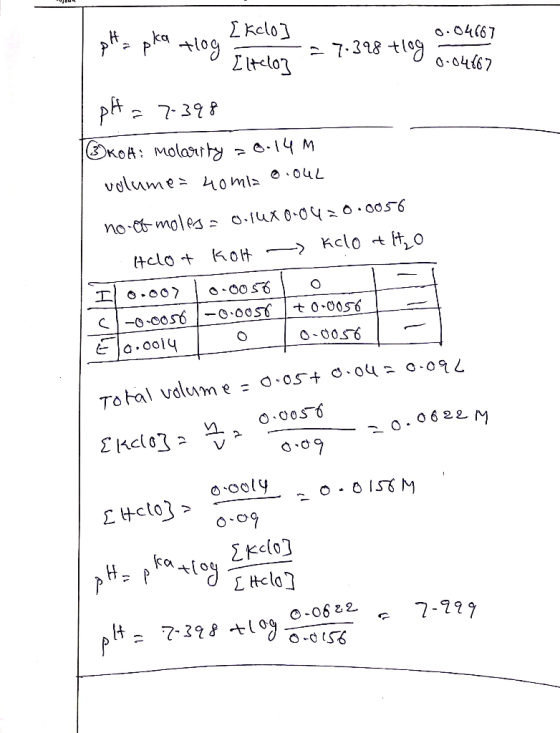 pH s pria tiog mellom = 7.38 tleg en pH = 7.398 Kod: Molarity = 0.14 M volume= 40mia 8.042 no-ot moles = 0.14X0-04=0.0056 Hel